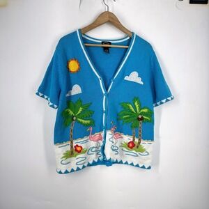 Designers Studio Originals Blue Tropical Flamingo Palm Tree Cardigan Sweater L